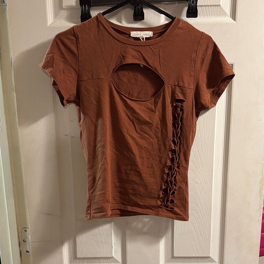 Gilded Intent Tan Cutout Short Sleeve Top